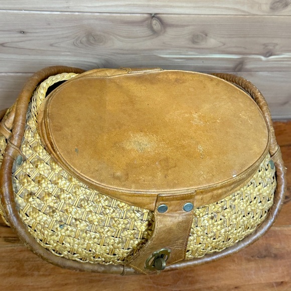 Vintage wicker & leather round rattan handwoven handbag bag tote purse creole - Picture 3 of 10